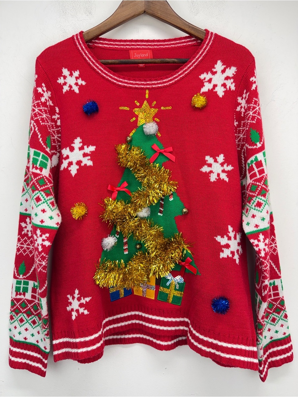 Joyland size XL Women's Red Holiday Ugly Christmas Tree Garland Present Sweater